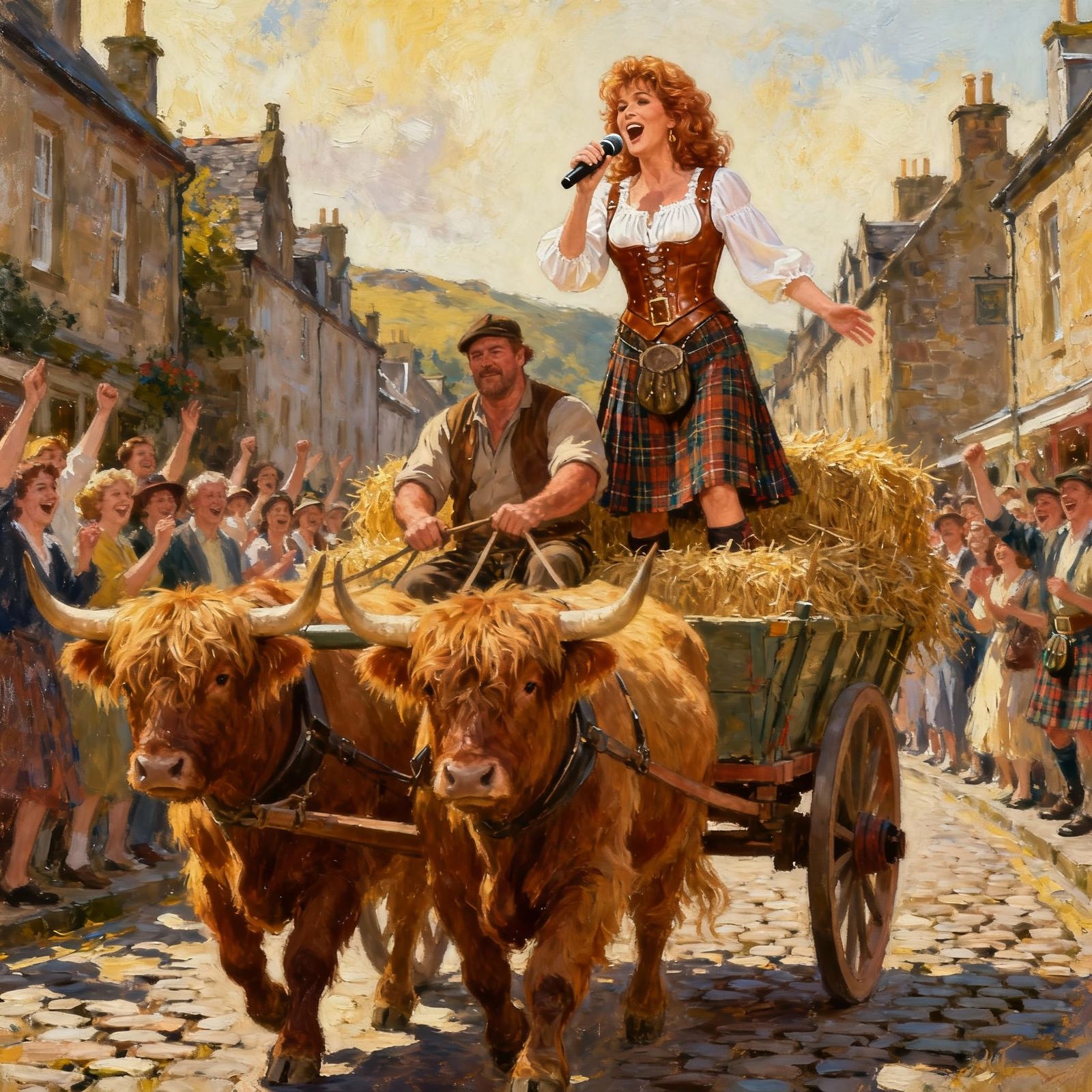 Reba McEntire Sings on Hay Wagon in Scottish Village