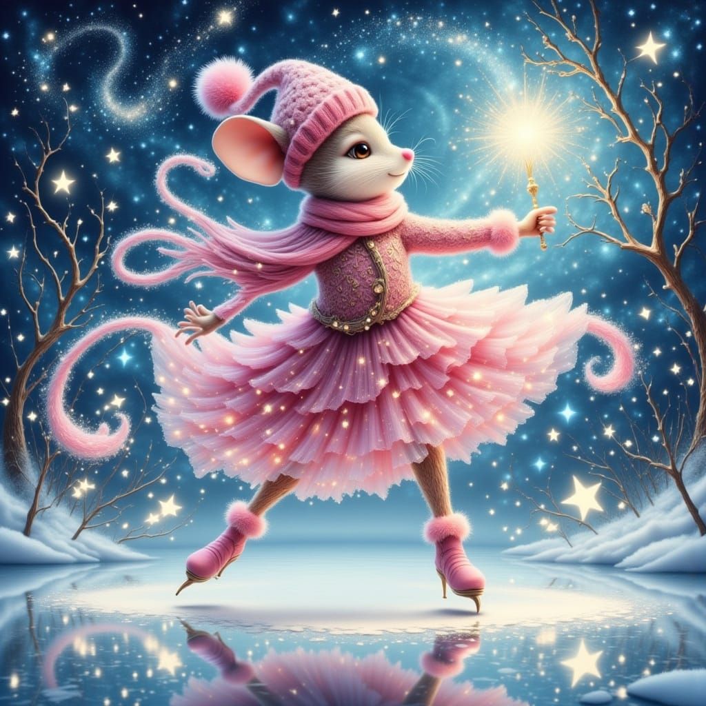 Whimsical Mouse Ice Skating in Pink Costume