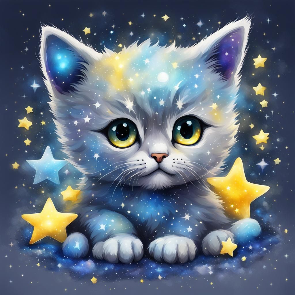 Cosmic Kitten Watercolour Art with Star Dust