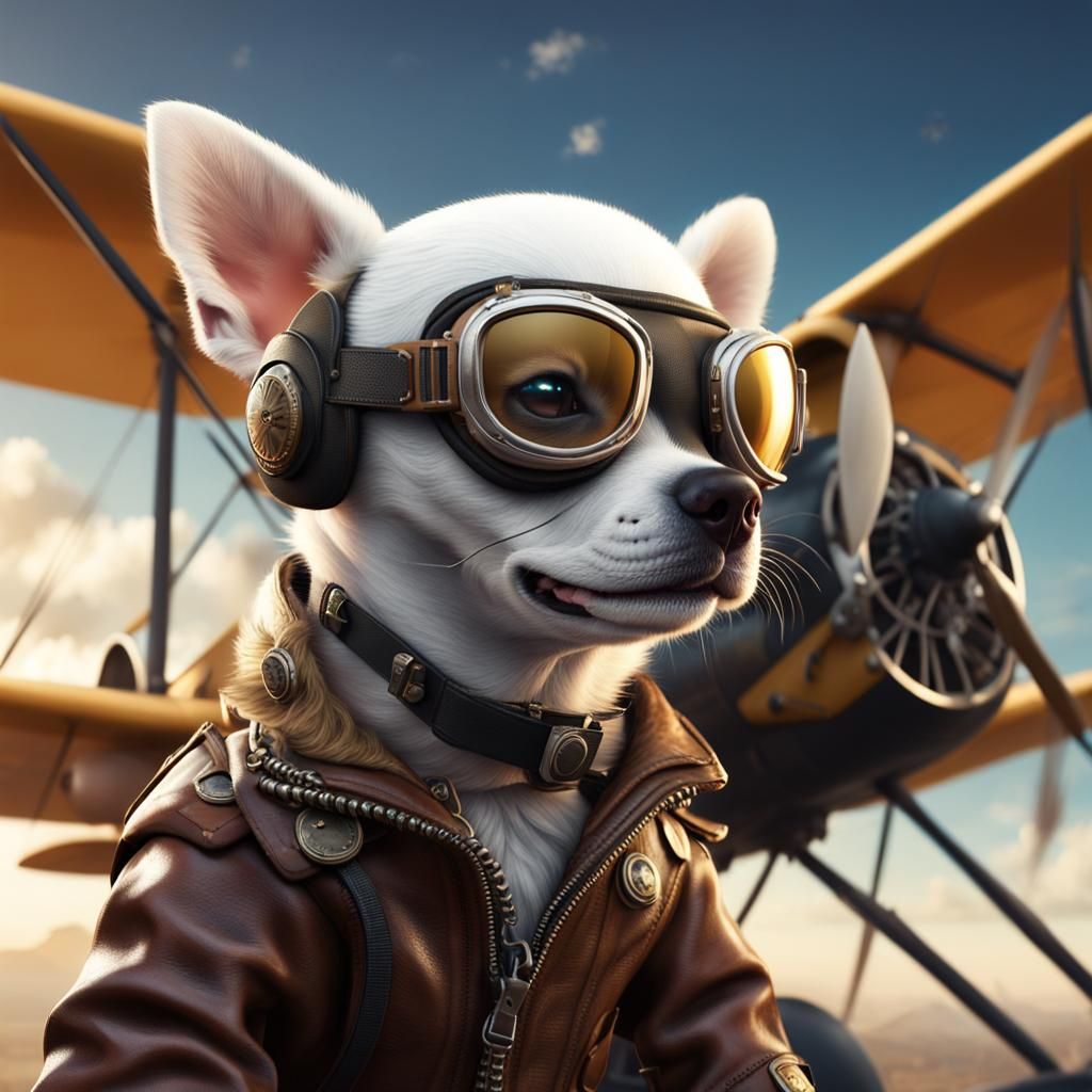 Chihuahua Pilot in front of Biplane: Detailed Matte Painting