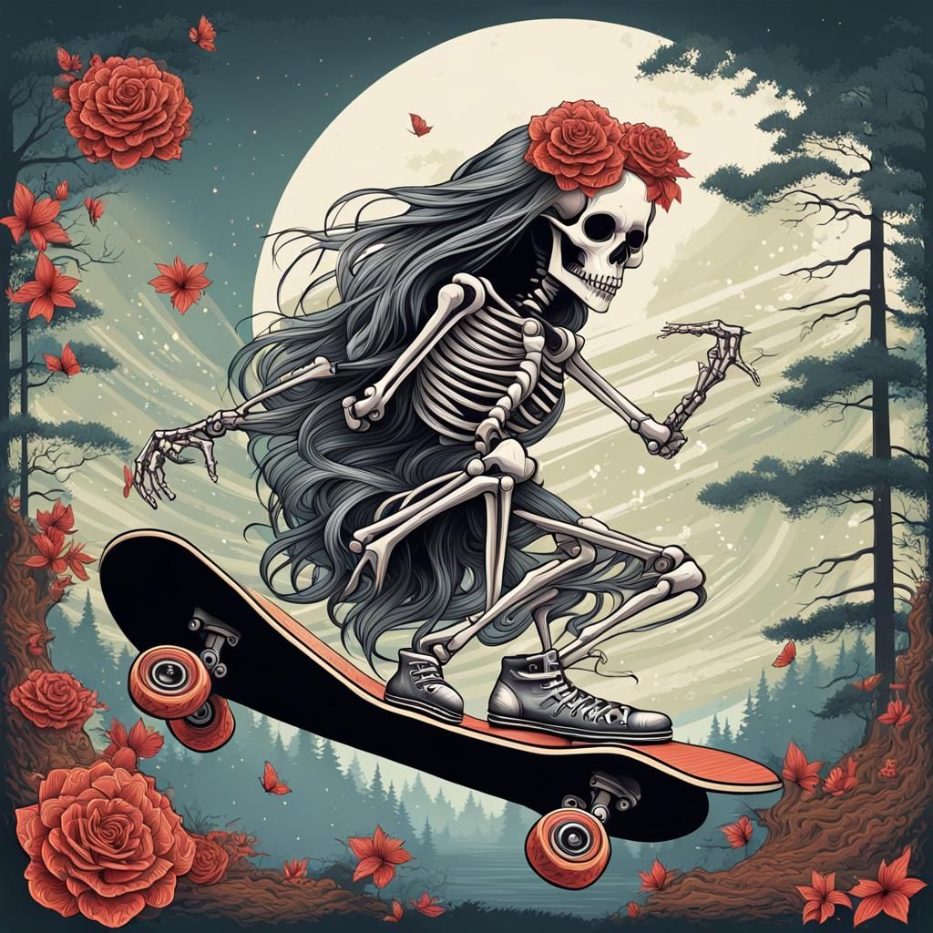 Gothic Punk Skeleton Princess on Skateboard