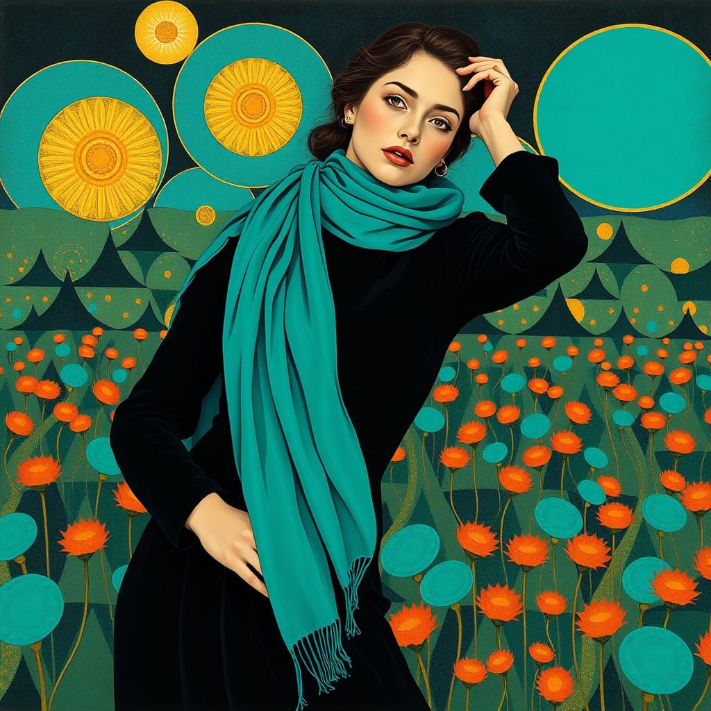 Woman in Turquoise Scarf, Geometric Art Style