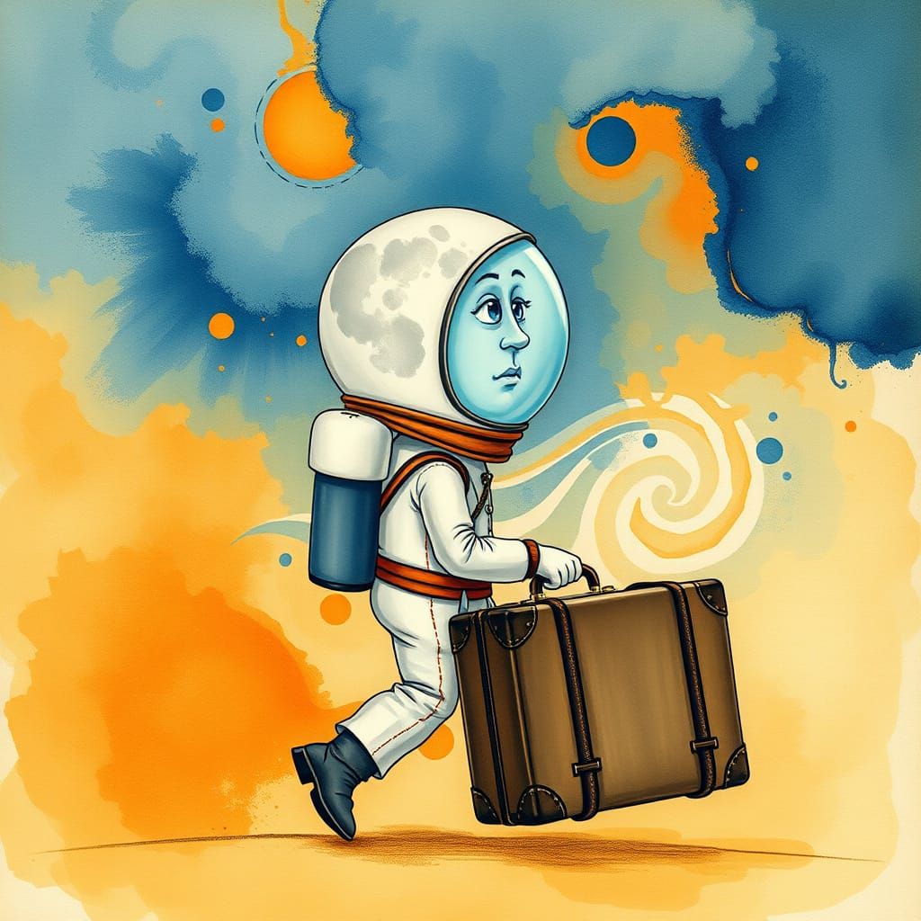 Moon's Whimsical Journey in Abstract Watercolor Style