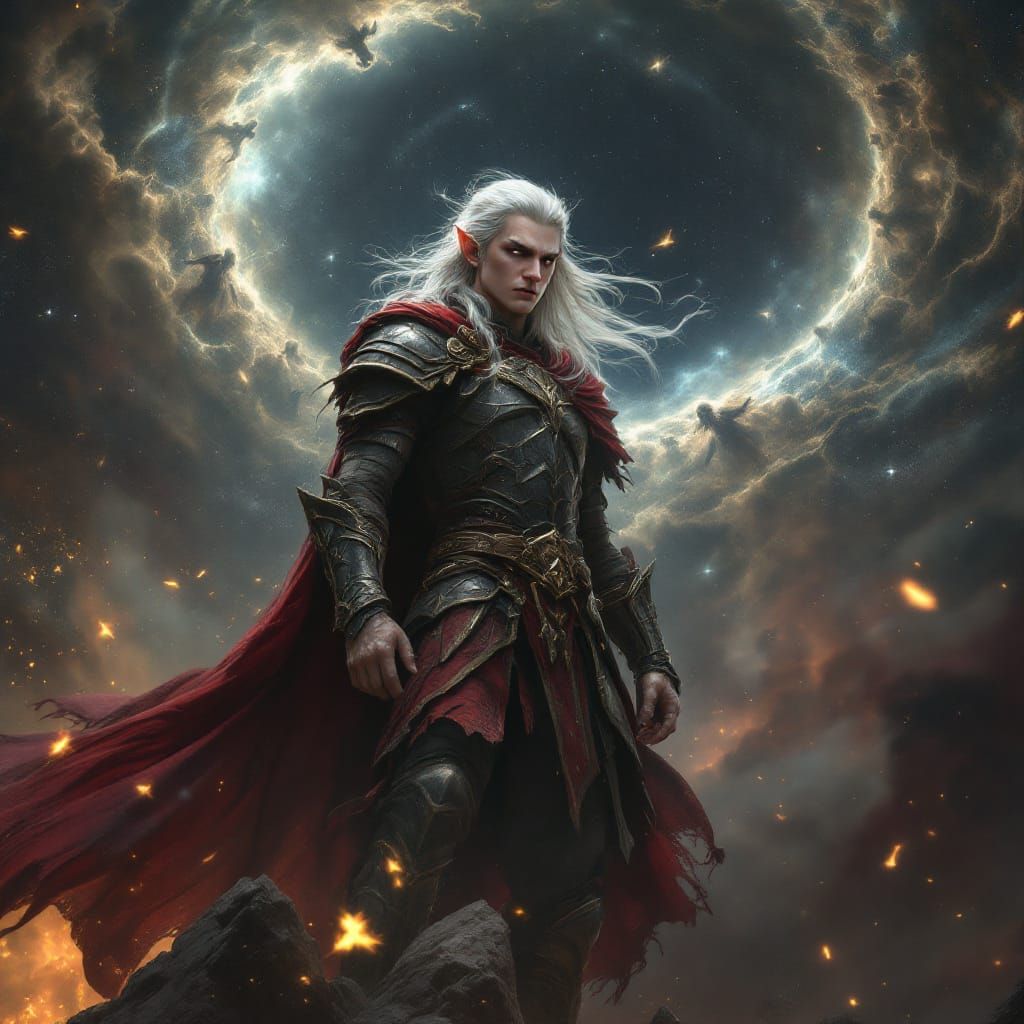 Elf God's Battle on Rocky Spire in Cosmic Storm