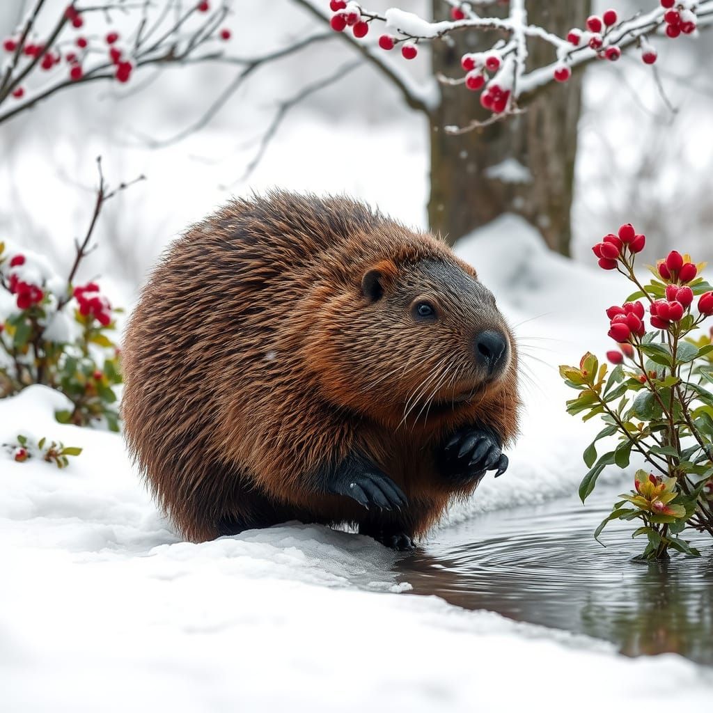 Surreal Winter Beaver Scene in Photorealistic Style