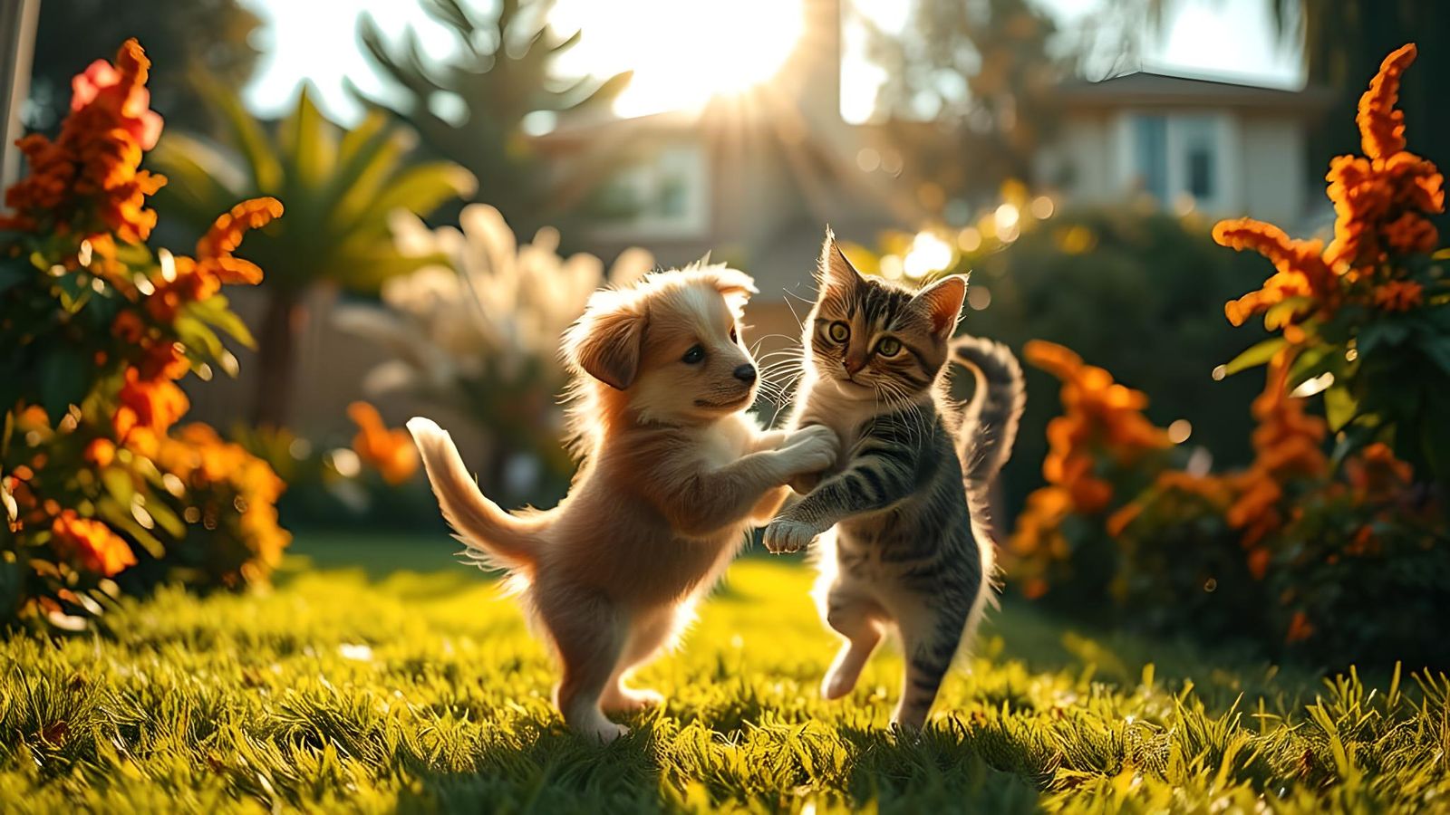 Puppy and Kitten Play Together in Backyard