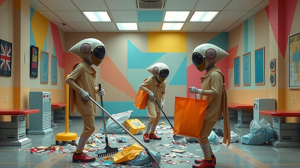 Eccentric Alien Custodians in a Vibrant, Surreal Cafe