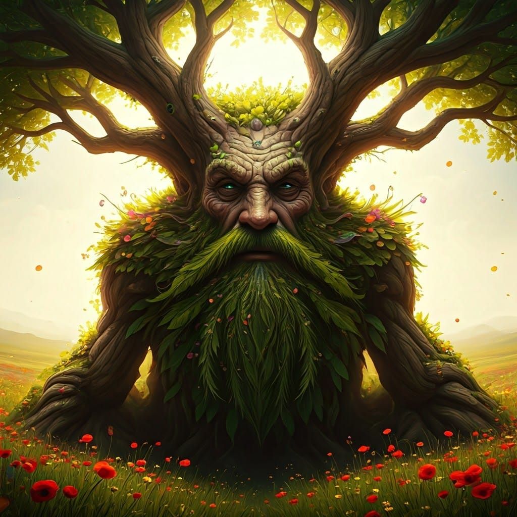Majestic Tree Ent with Floral Beard in Verdant Field