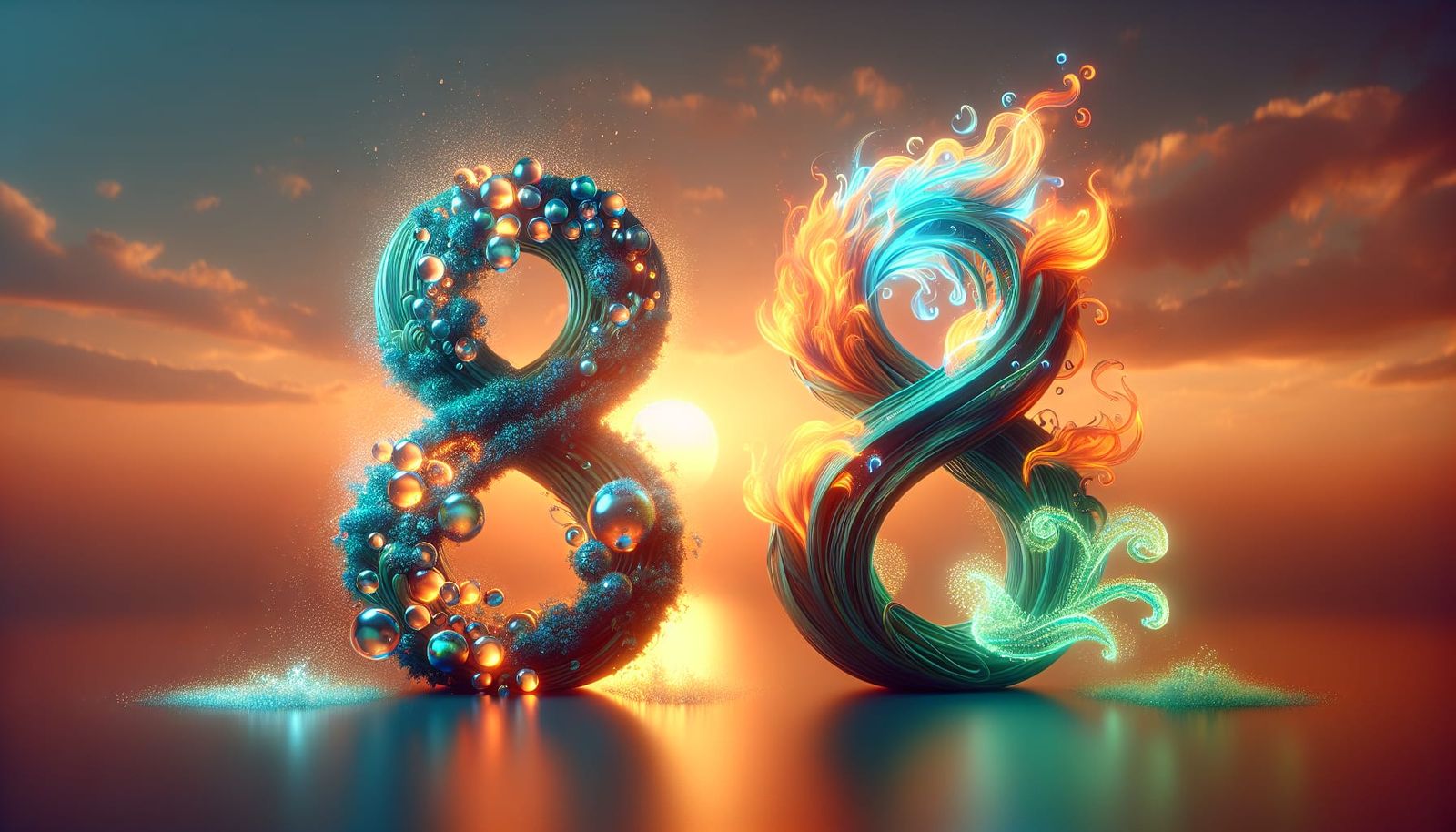In a captivating digital art piece, four vibrant "8"s stand in a row against a softly glowing, warm orange sky. The firs...