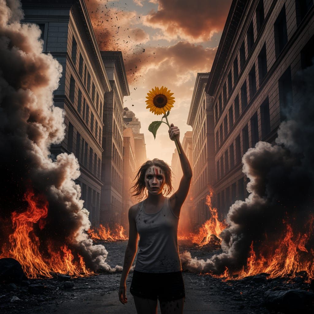 Revolutionary Hope: Sunflower Against Fiery Wall Street