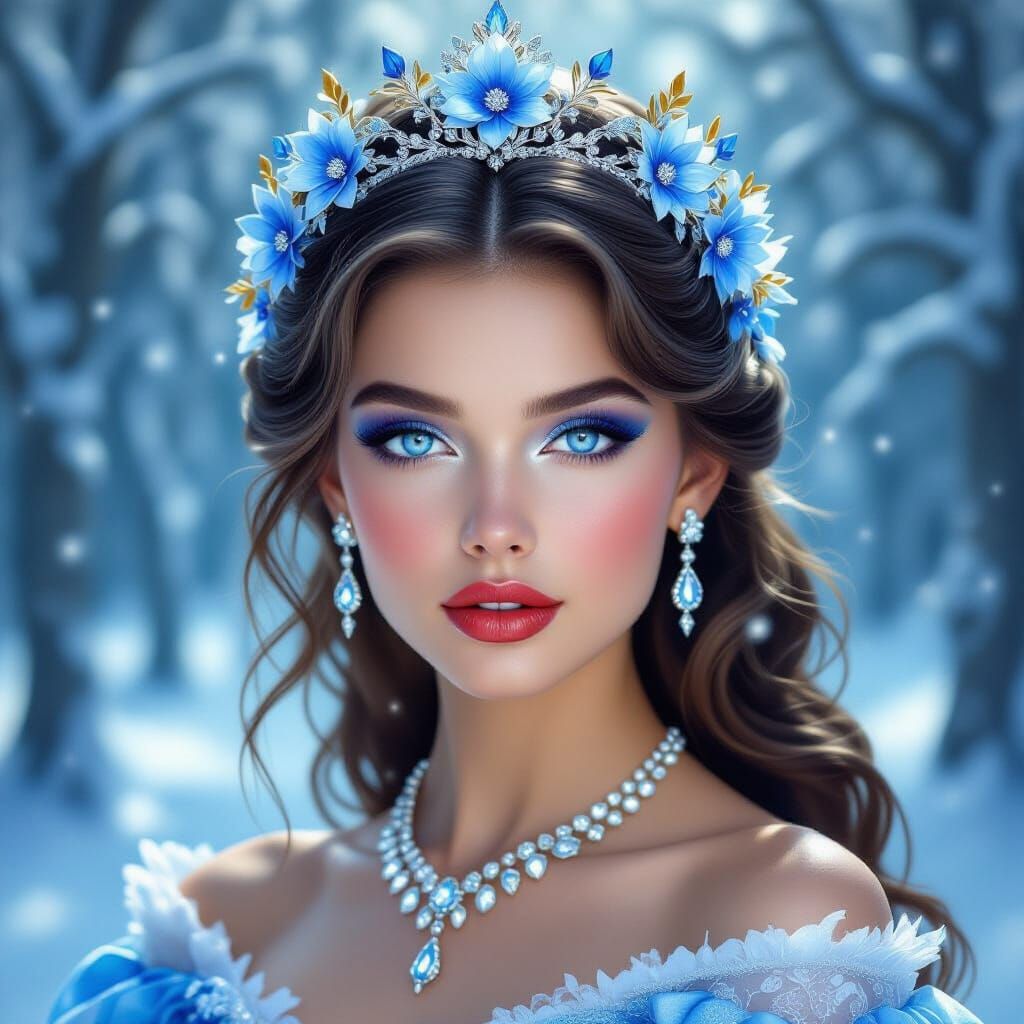 Hyperrealistic Winter Princess Portrait with Floral Crown