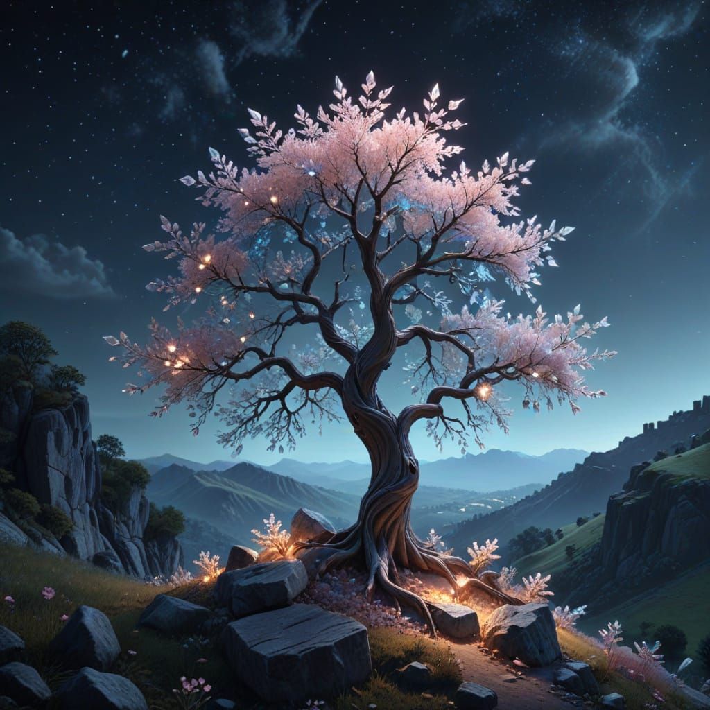 Tree of Crystals Illuminated by Moonlight in a Dreamy Valley