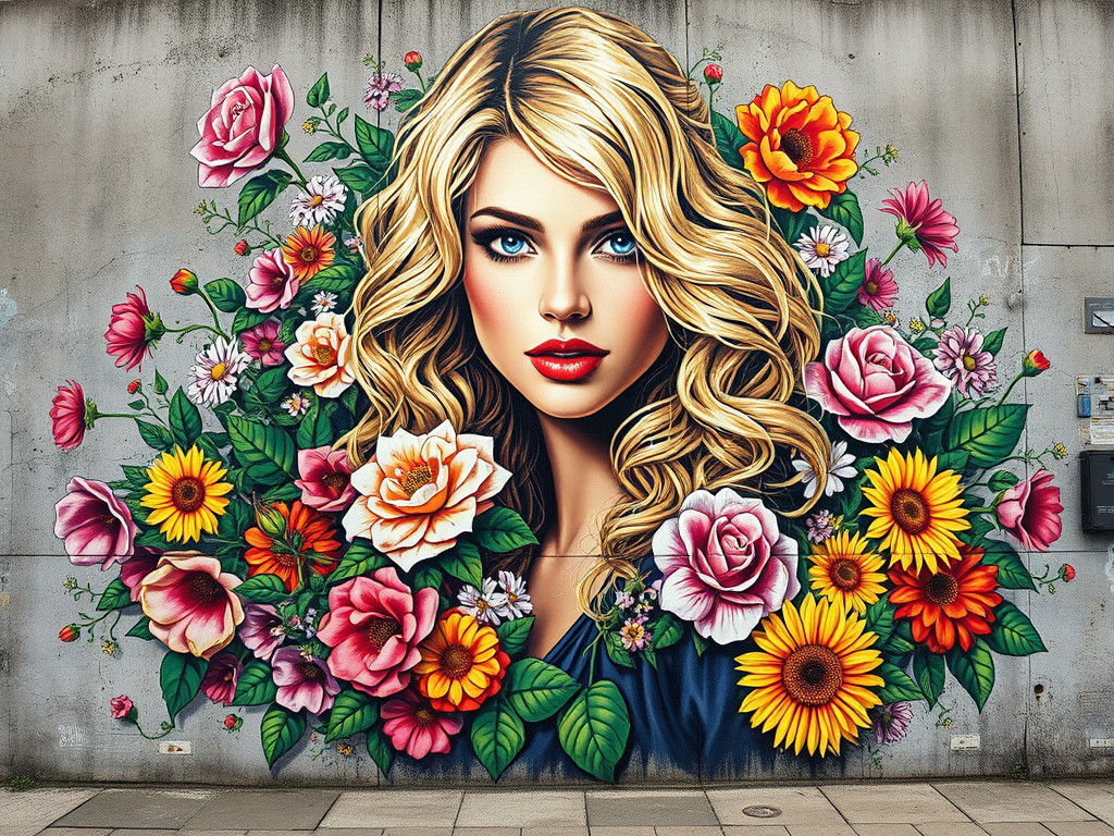Graffiti Mural of a Blonde Woman with Flowers