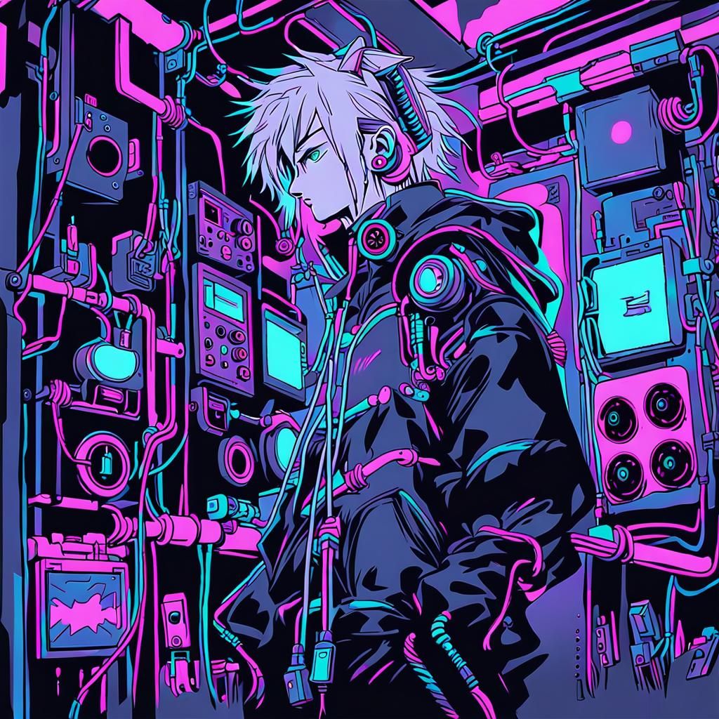 Silver-Haired Persocom with Neon Glow, in Anime Style