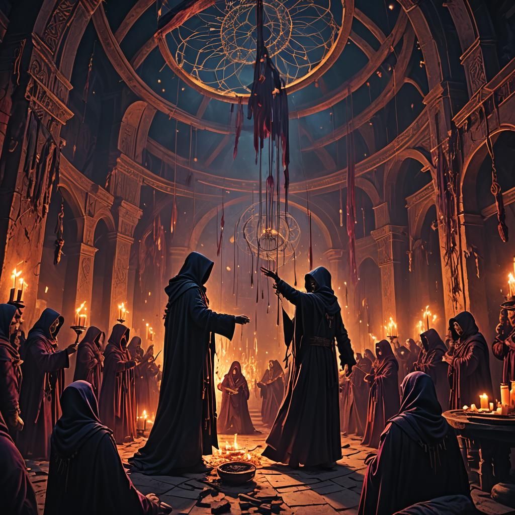 Dark Fantasy Cultists Dancing in Ritual Chamber