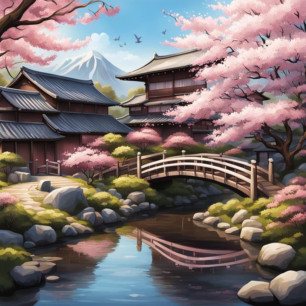 Japanese Cherry Blossom Garden with Traditional Houses