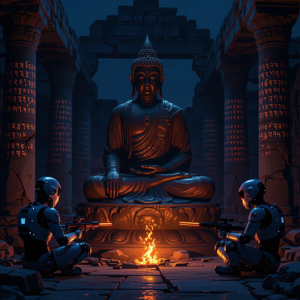 Buddha Statue with Futuristic Robots in Matte Painting Style