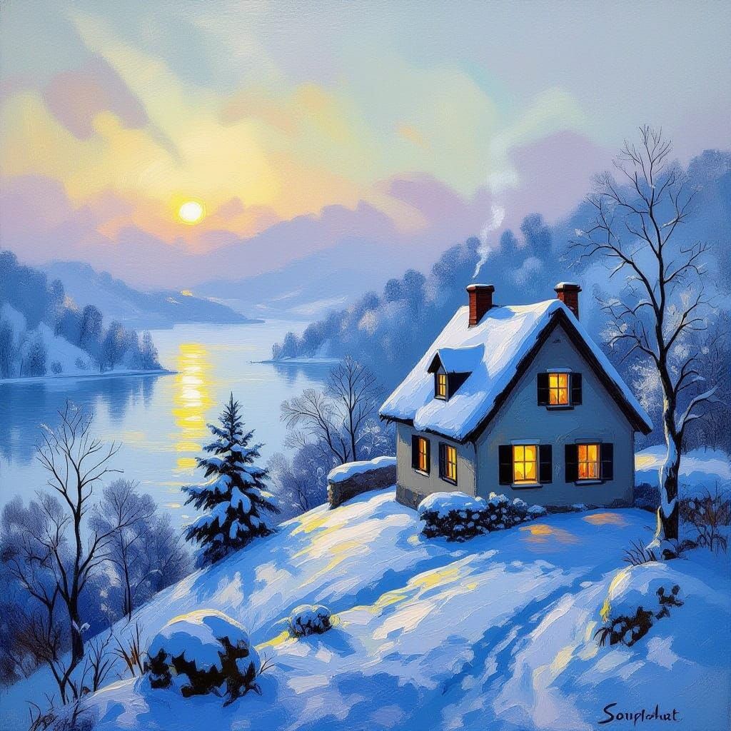 Cozy House in Dreamlike Winter Landscape