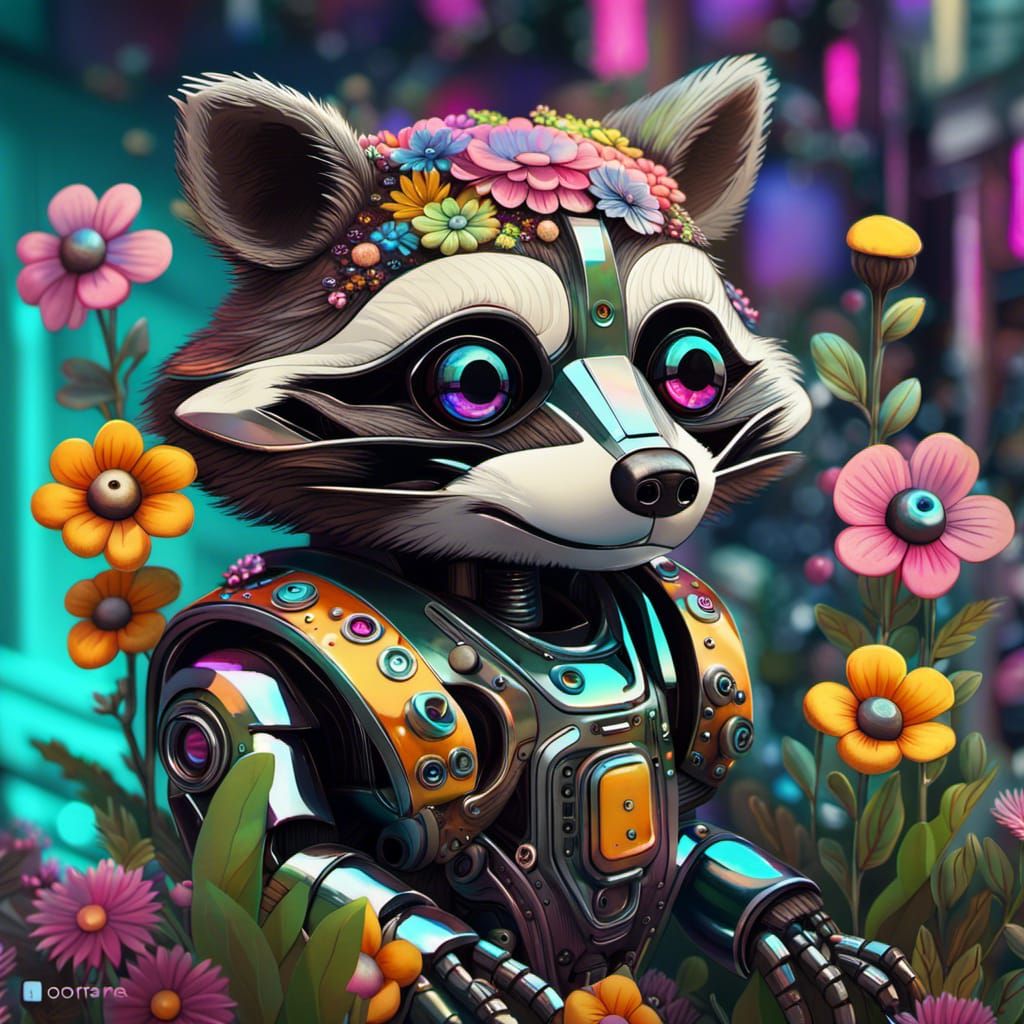 Robot Raccoon in Chrome Flower Garden