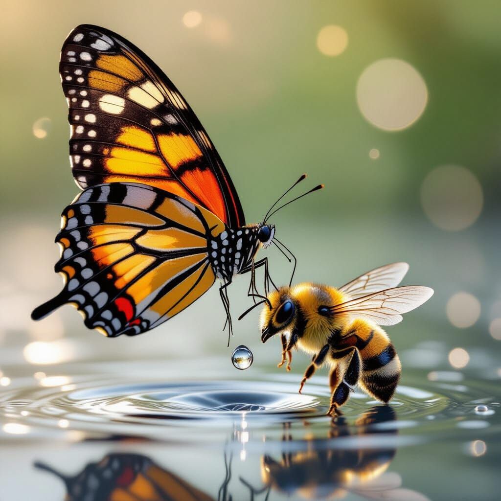 Hyperrealistic 3D Render of Butterfly and Bee in Flight