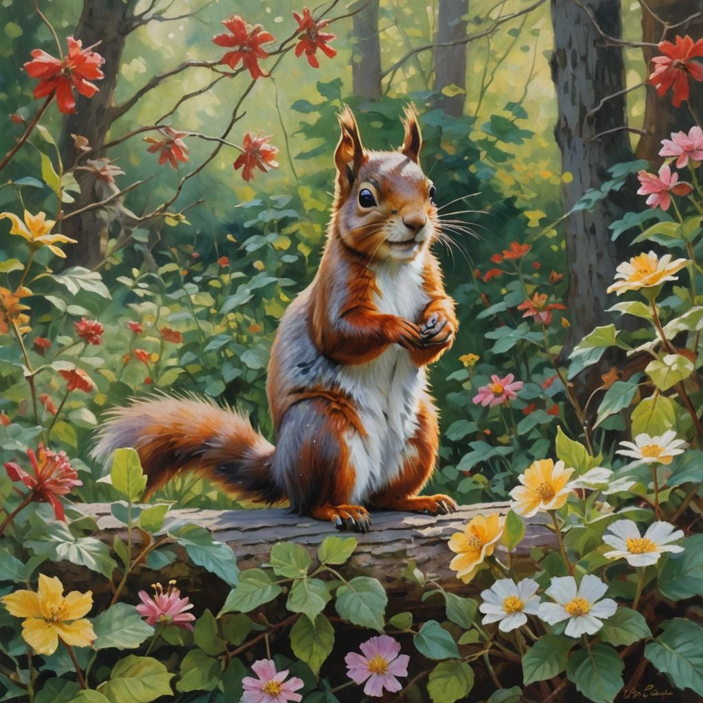 Red Squirrel in Impressionist Garden with Soft Light