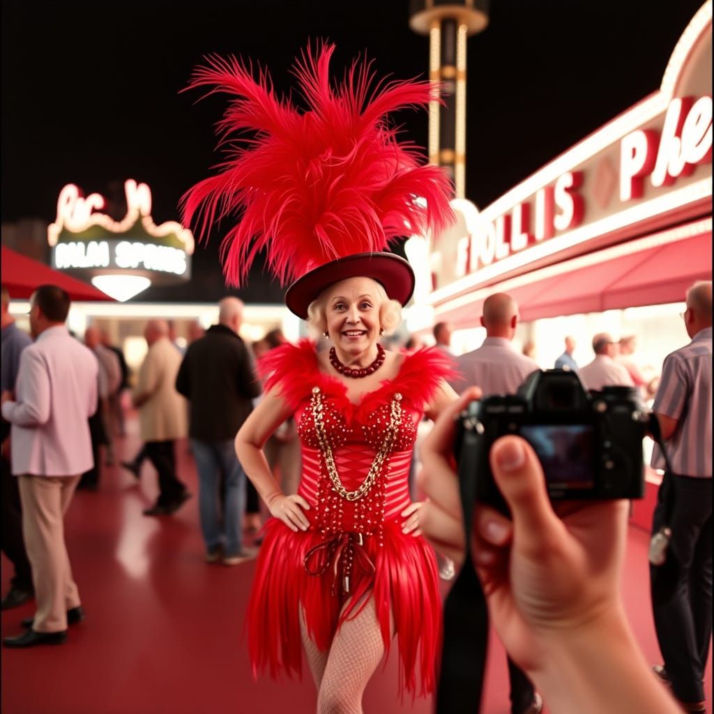 An elderly woman in the Palm Springs Follies in a fire-red s...