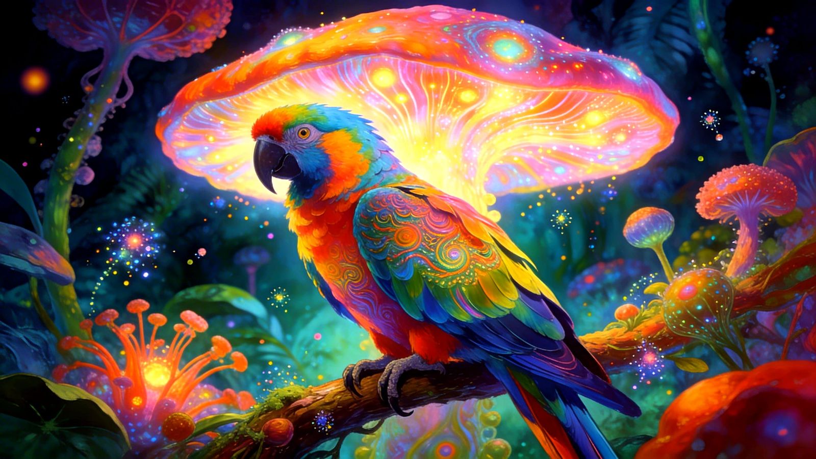 Vibrant Macaw on Alien Mushroom in Psychedelic Jungle
