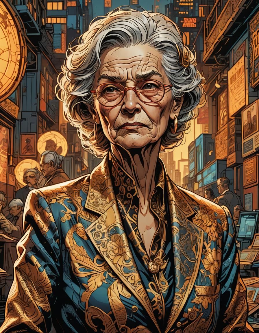 Old Woman in Silk Suit, Comic Book Art