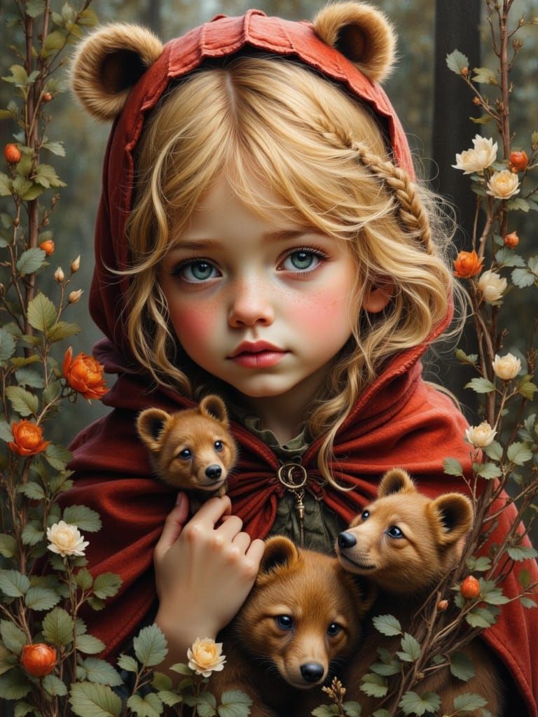 Girl in Red Cape Observing Bears in Hyperrealism Style