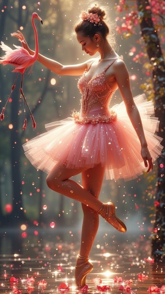 Surreal Ballerina and Flamingo in Vibrant Hyperrealistic Set...