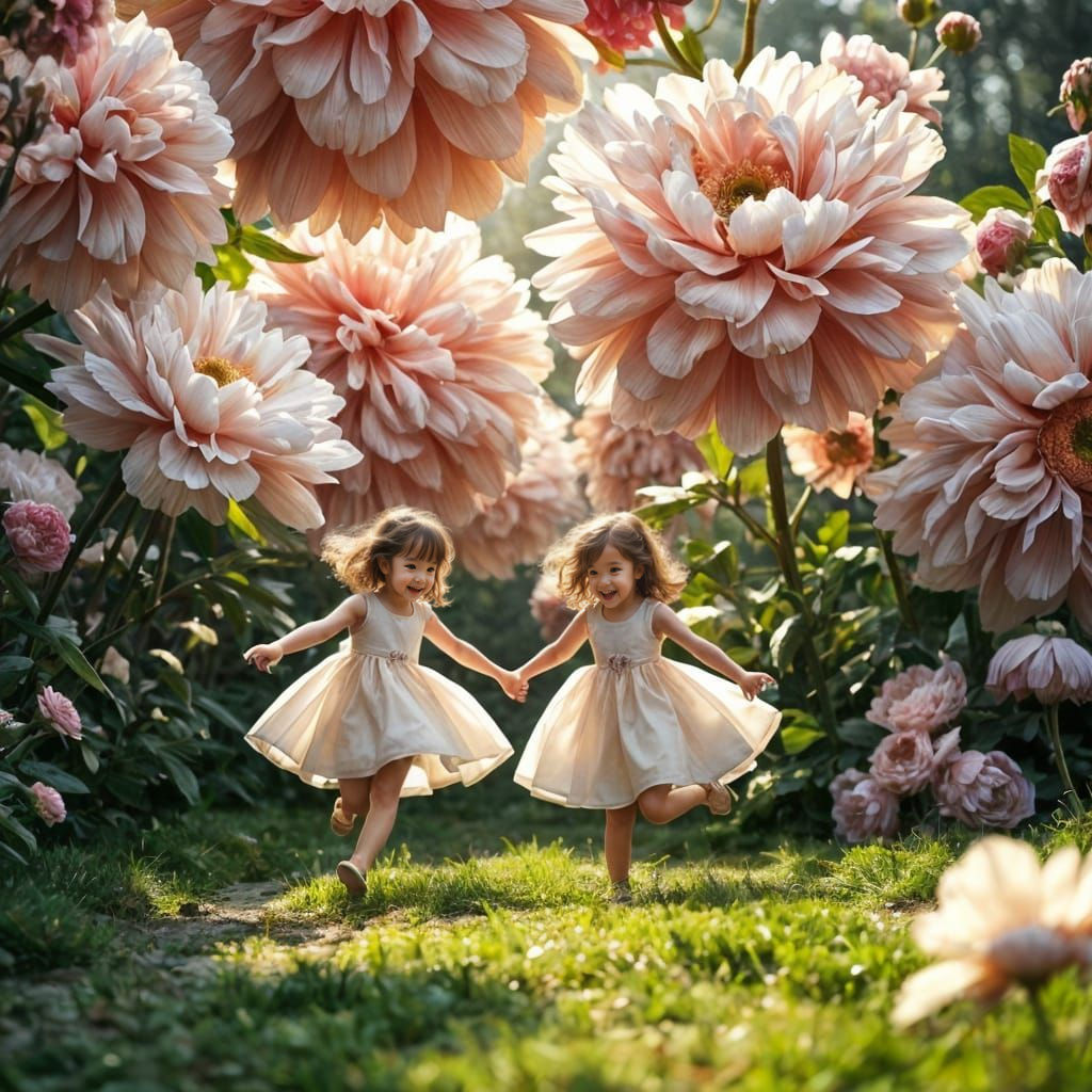 Whimsical Garden of Giant Flowers with Twirling Sisters