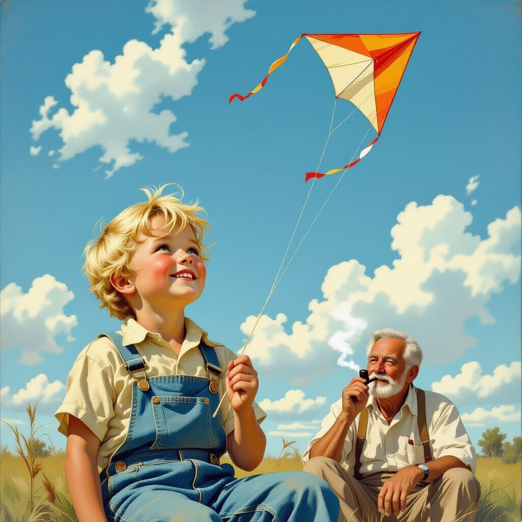 Boy Flying Kite in Folk Art Style