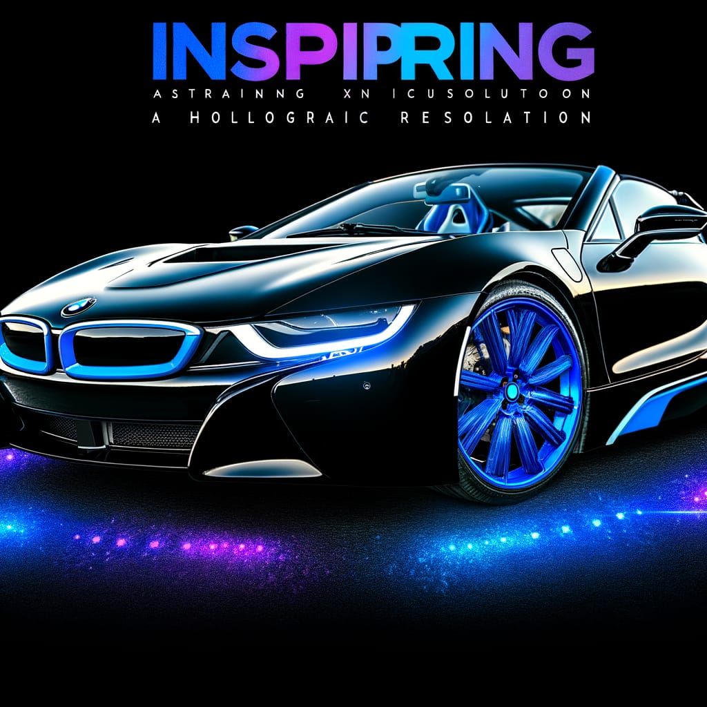 A stunning black and blue bmw i8 roadster with blue rims, spoiler and headlights with blue underglow and an amazing tech...