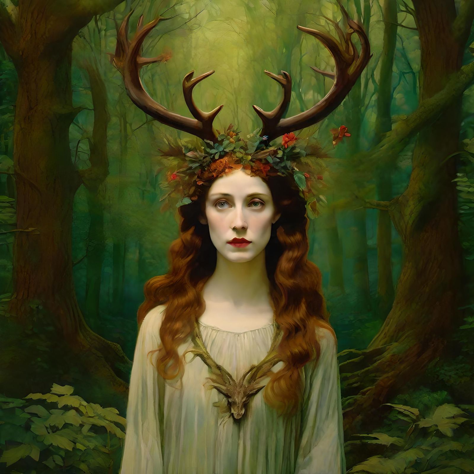 Pre-Raphaelite Woman with Antlers in Pagan Forest