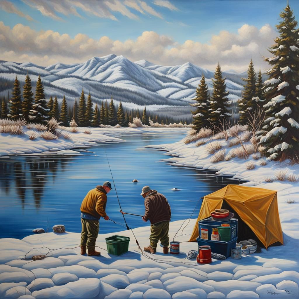 Holter Lake Montana Winter Ice-Fishing: Hyperrealistic Oil