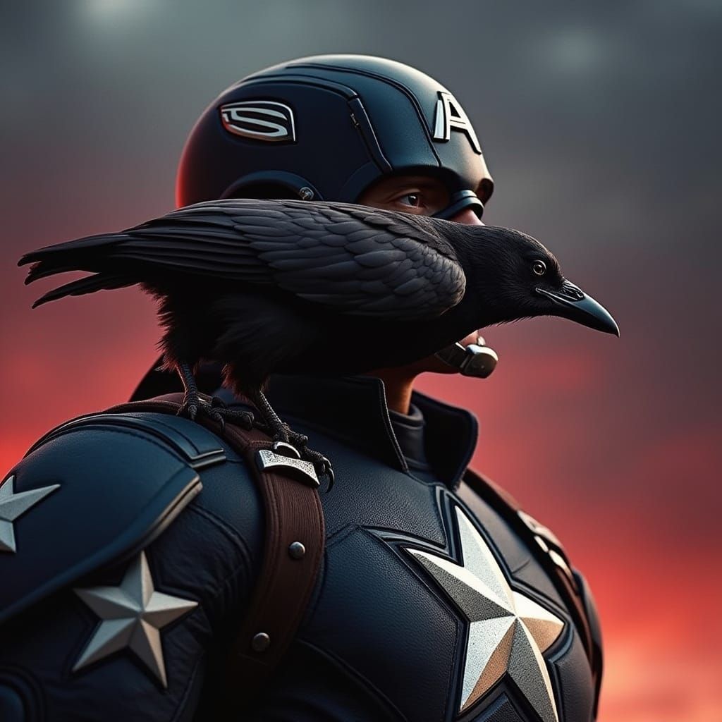 Captain America Holds Raven Against Blood Red Sky