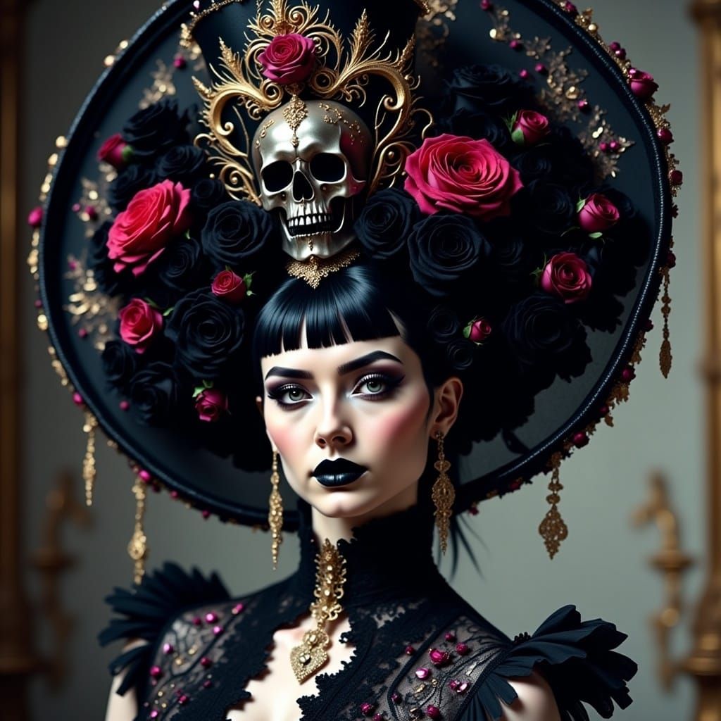 Gothic Couture Hat with Roses and Skull