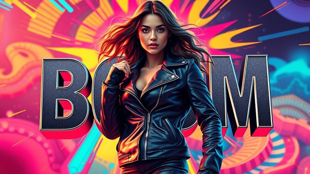 Woman in Leather Jacket with 'Boom' Text, Digital Art