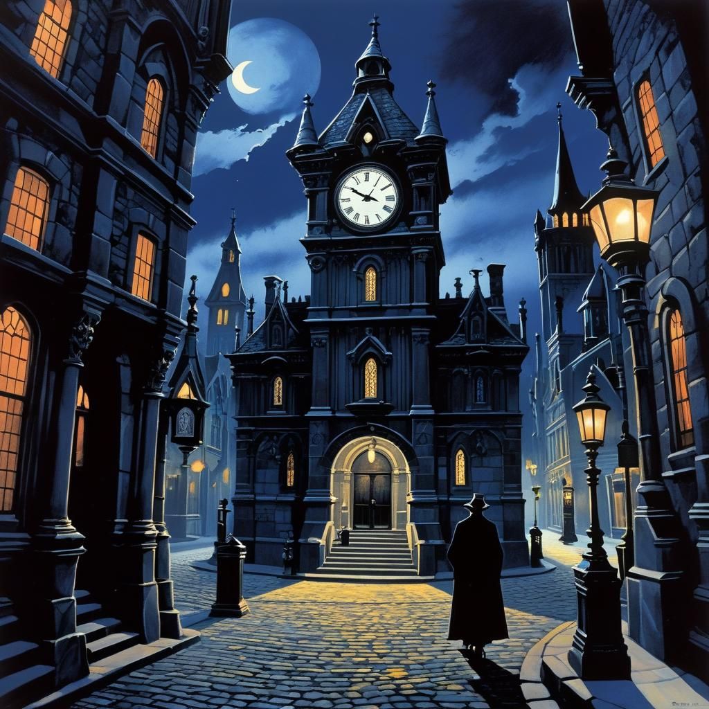 Gothic Clocktower Illustration in Film Noir Style