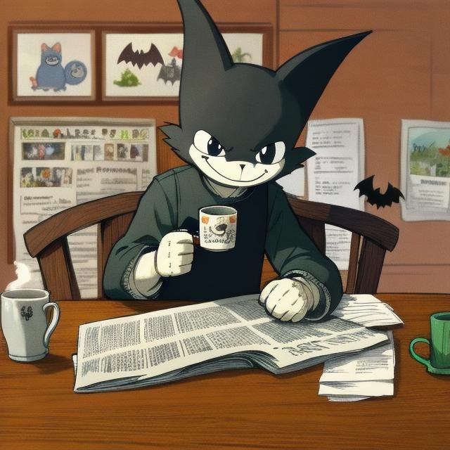 Cartoon Bat Reads Newspaper at Table