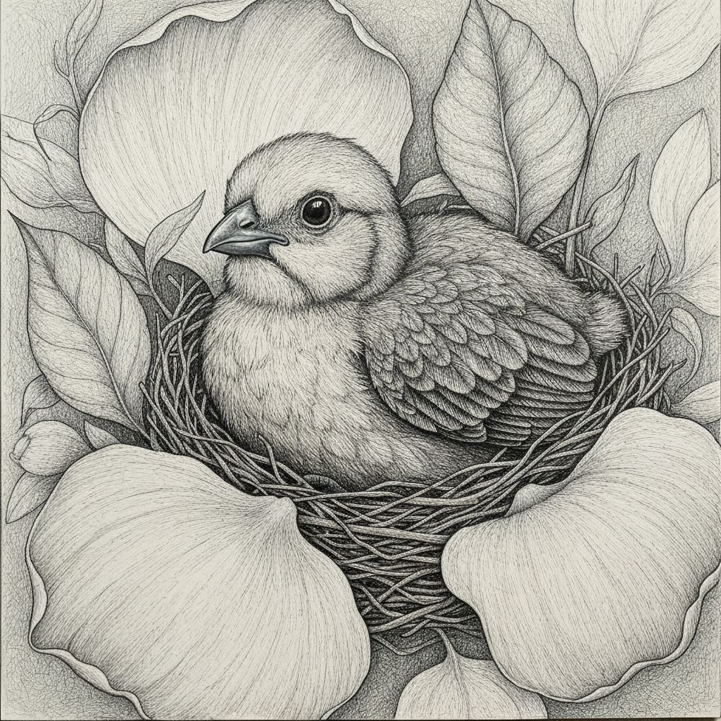Detailed Painting of Bird in Nest on Petals