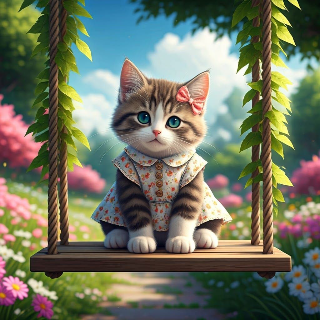Kitten on a Swing in Anime Style Park