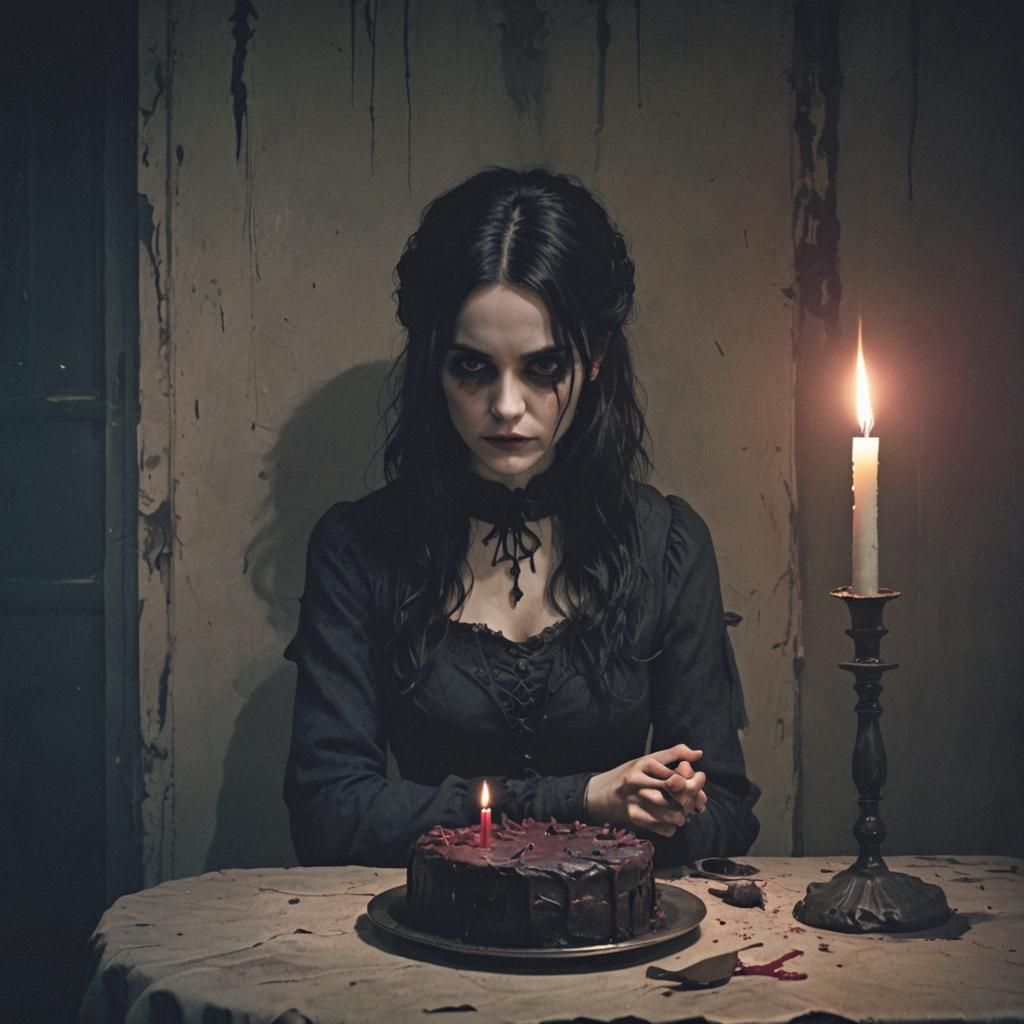 Melancholic Gothic Character at Worn Table