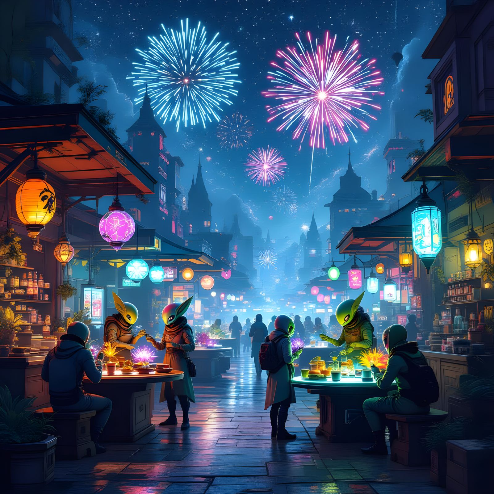 Vibrant Alien Marketplace in Bioluminescent City