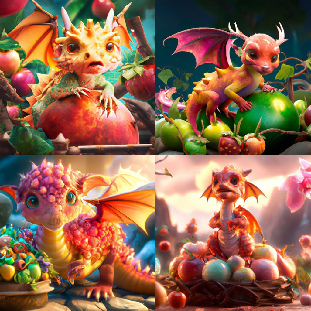 Baby Fire Dragon with Fruit, Art Nouveau Style