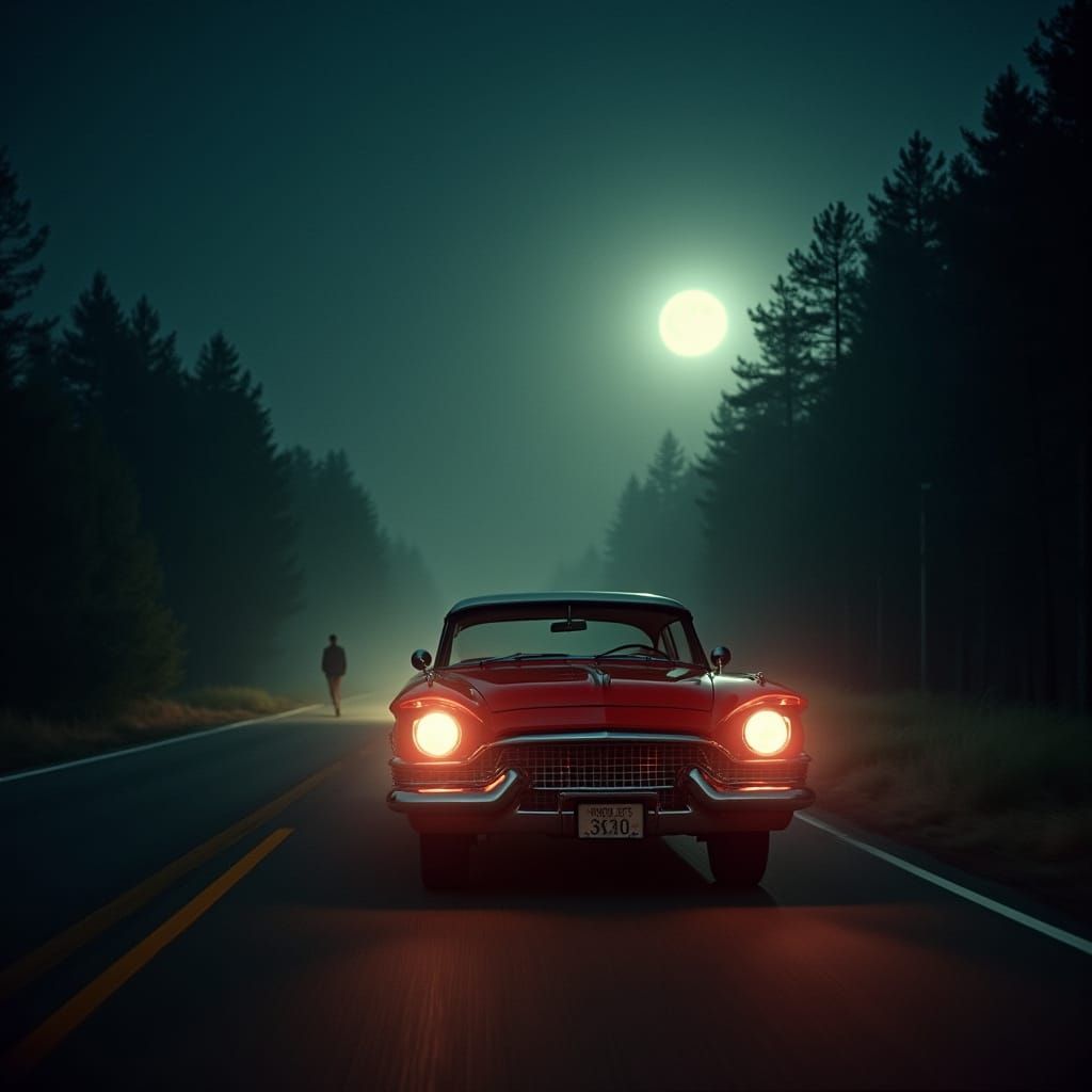 1958 Plymouth Fury Drives Through Misty Night