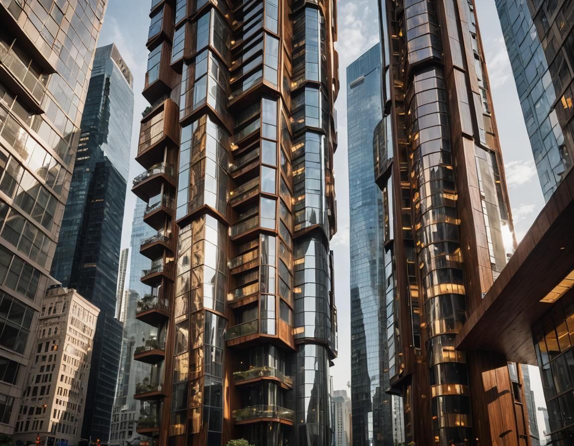 Futuristic Wooden Skyscraper Reflecting Cityscape