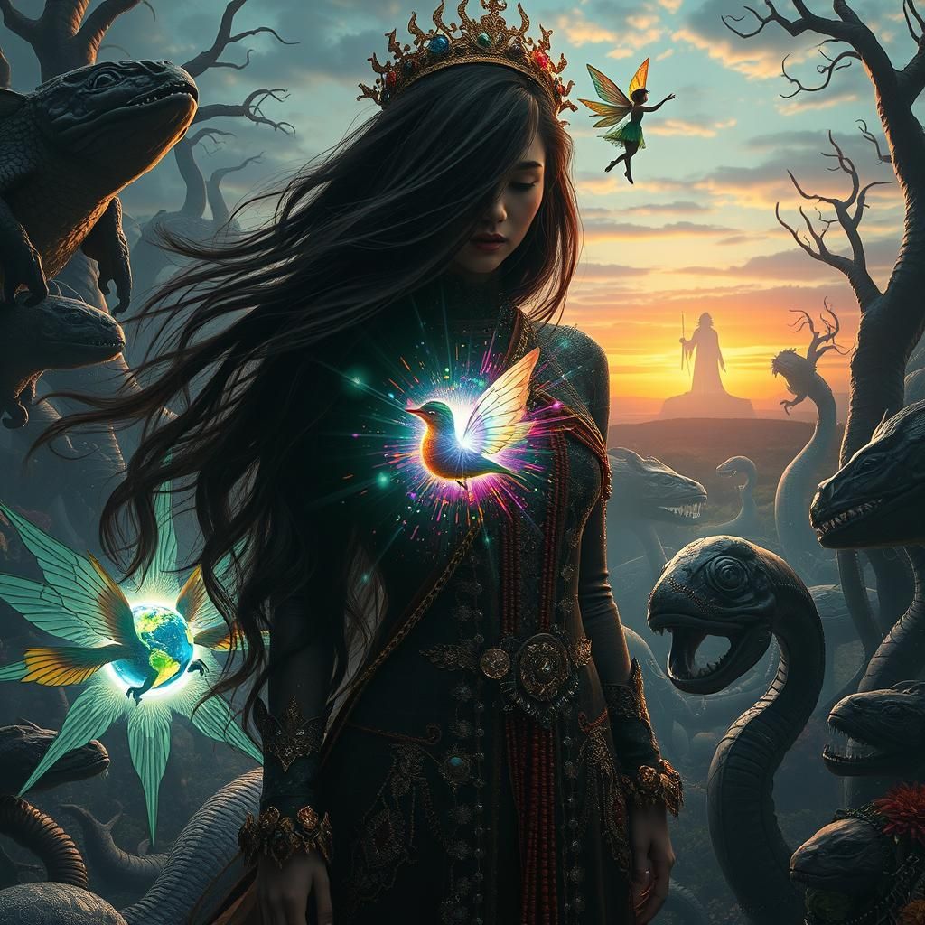 Woman in Surreal Simulation with Mythical Creatures