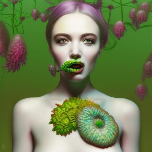 Ethereal Beauty: Woman Transforming into Fungi and Flowers
