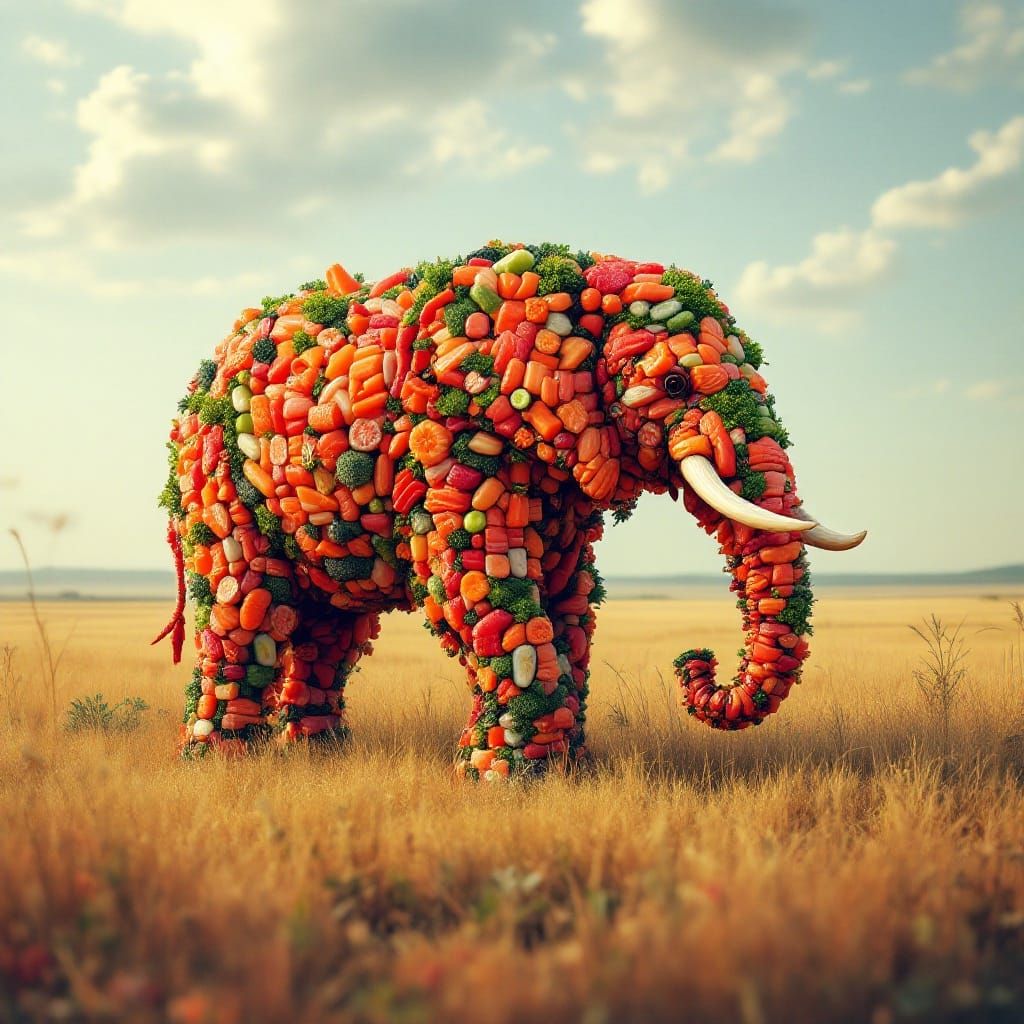 Sushi Elephant Roams the Savannah Grassland